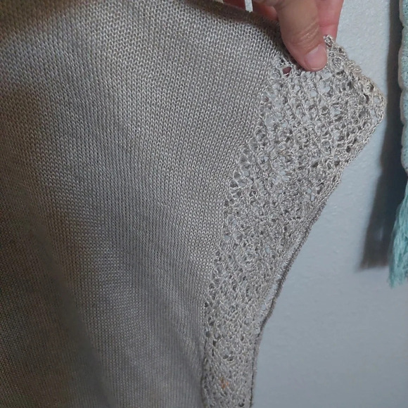 Eileen Fisher Linen Crocheted trim Lagenlook Tan open Knit Blouse Medium - Picture 6 of 9